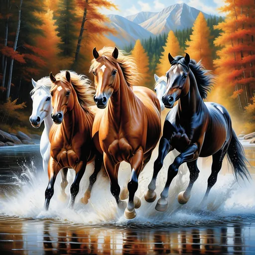 Prompt: This image portrays a lifelike diamond painting design with a dynamic and vibrant composition, showcasing the shimmering effect of real diamond painting. It features four horses—one black, two brown, and one white—galloping energetically through a shallow river, with splashes of water adding a sense of movement and energy. The background highlights a breathtaking natural landscape, complete with a cascading waterfall, towering pine trees, and majestic snow-capped mountains. The rich, vivid colours, from the lush greens of the forest to the golden autumn leaves and the deep blues of the sky and water, create a visually stunning and immersive piece of artwork.