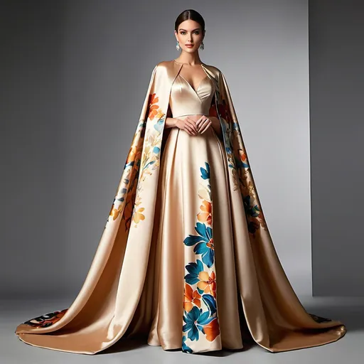 Prompt: The photo shows a woman in a long, elegant gown. Here's a description:

The Gown: The dress is a floor-length A-line gown, featuring a beige or champagne-colored satin top with long, wide sleeves that extend almost to the floor, creating a cape-like effect. The skirt of the dress is adorned with a vibrant, artistic print depicting a landscape of teal and blue mountains in a style reminiscent of traditional Chinese ink wash painting. There are also what appear to be stylized Chinese seals or stamps incorporated into the design. The skirt has a subtle ruffled or tiered detailing at the hem. The neckline is high and closed, in a style similar to a mandarin collar.

The Woman: The model is poised and elegant, her hair neatly pulled back. She wears delicate earrings. Her makeup is subtle and enhances her features.

The Setting: The background is a simple, solid dark red, which gives the gown and the model a striking contrast and prominence.

