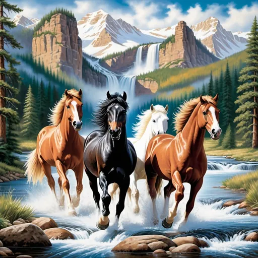 Prompt: This image depicts a diamond painting design that features a scenic and dynamic composition. It shows four horses—One black, two brown and one white—galloping through a shallow river, creating splashes of water that add motion and vibrancy to the scene. The background includes a stunning natural landscape with a cascading waterfall, pine trees, and majestic snow-capped mountains. The bright colors, including the lush greens of the forest, the golden hues of autumn leaves, and the deep blues of the sky and water, make this a strikingly beautiful artwork.