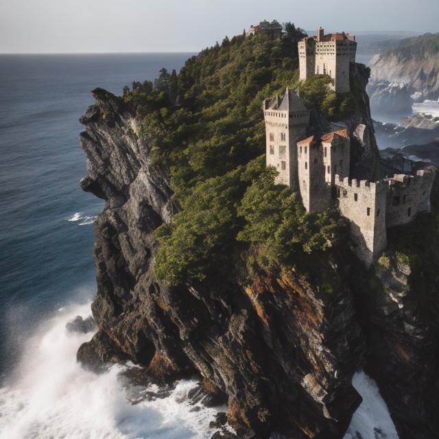 Prompt: An old, majestic castle stands perilously on a craggy cliff, waves pounding high relentlessly and foamily on the steep, weathered rocks below.