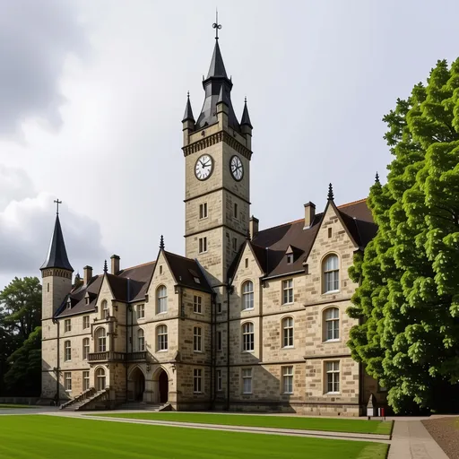 Prompt: The image depicts a large stone building featuring a clock tower, with a Castle visible in the background. The scene is set outdoors under a cloudy sky, showcasing elements of medieval architecture. Surrounding the building are grassy areas, enhancing its stately appearance as part of a university estate.

