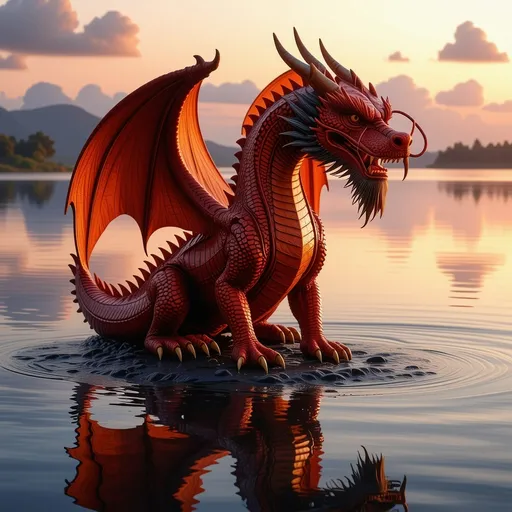 Prompt: This image features a majestic, vibrant red dragon with intricately detailed scales, wings, and horns. The dragon is perched beside a calm body of water, where its reflection is beautifully mirrored, enhancing the mystical atmosphere. The sunset in the background bathes the scene in warm hues of orange, pink, and purple, creating a stunning contrast with the dragon’s vivid color. The overall composition feels magical and serene, blending the mythical creature with a tranquil natural setting.