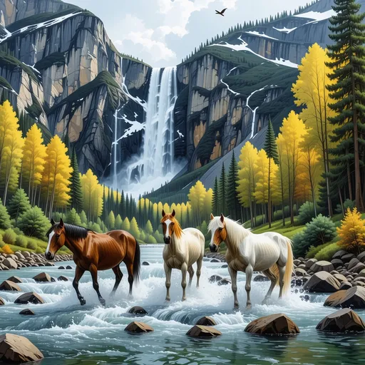 Prompt: 
A landscape scene features a waterfall cascading down a rocky cliff face, nestled within a mountainous terrain. 

The mountains are rendered with shades of brown and gray, suggesting rocky surfaces, with patches of snow visible on the higher peaks. Lush green forests and trees cover the slopes of the mountains. A variety of trees, including some with autumnal yellow foliage, are present in the foreground and mid-ground, adding depth and color to the scene.

Four horses are depicted running through a shallow river or stream that flows from the waterfall. The horses are various shades of brown and white, and appear in motion. The water in the stream is a light bluish-gray color with reflections of the surrounding scenery. Rocky outcroppings and stones are scattered around and within the stream.

The overall aesthetic suggests a serene and majestic mountain landscape, with a focus on the natural beauty of the waterfall and the horses that inhabit the area. The lighting suggests a sunny day, with soft light illuminating the scene. There's a light feathered bird in the top-middle portion of the scene.
