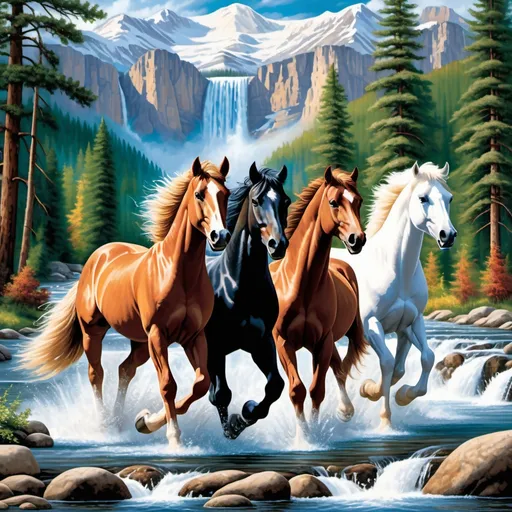 Prompt: This image depicts a diamond painting design that features a scenic and dynamic composition. It shows four horses—One black, two brown and one white—galloping through a shallow river, creating splashes of water that add motion and vibrancy to the scene. The background includes a stunning natural landscape with a cascading waterfall, pine trees, and majestic snow-capped mountains. The bright colors, including the lush greens of the forest, the golden hues of autumn leaves, and the deep blues of the sky and water, make this a strikingly beautiful artwork.