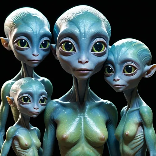 Prompt: A family of aliens from the Andromeda Galaxy appears fascinatingly unique, each member exhibiting distinct features that set them apart from humans. Their skin is a shimmering iridescent hue, reflecting a spectrum of colors that change with the light. They have large, almond-shaped eyes that glow softly, varying in shades from deep blue to vibrant green.
