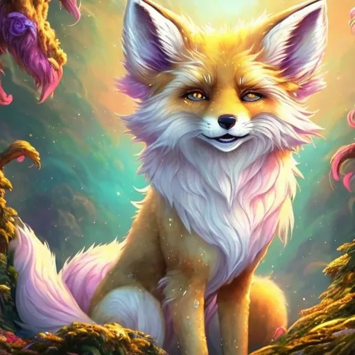 Prompt: 
This anime portrait showcases a youthful golden fox adorned in white-gold fur, possessing luminous ruby-pink eyes, sky-blue paws and ears, and curly blue hair. The depiction exudes a feral charm, set against a background of vibrant colors reminiscent of a brilliant sunrise. The rendering includes beautiful 8k eyes, features light and fluffy clouds, and is framed against lush, verdant greenery. The portrayal is presented in a close-up style, resembling a fine oil painting, captured from a low-angle view. The fur is soft in high definition, and the claws are visible but not unsheathed. The artwork attains a hyper-detailed quality with 64k resolution, delivering an expressive and energetic vibe.

The fox sports a fluffy mane, has a petite stature, and is set against a backdrop of a deep blue sky, colorful stones, and a sunlit lake. The image boasts complementary colors, is rendered in Ultra High Definition (UHD) with High Dynamic Range (HDR), and achieves top-quality artwork. The intricate details and vivid colors contribute to its stunning appearance, making it a true masterpiece.