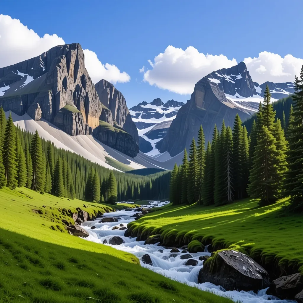 Prompt: This breathtaking landscape showcases a tranquil, mountainous valley dominated by a majestic waterfall cascading down rugged cliffs into a crystal-clear stream. The stream winds its way through a lush green meadow, bordered by tall, verdant pine trees. Towering jagged peaks, some with patches of snow, frame the scene, adding a dramatic backdrop against the bright blue sky with scattered clouds. The setting exudes a sense of untouched natural beauty, offering a harmonious blend of water, greenery, and towering rock formations.