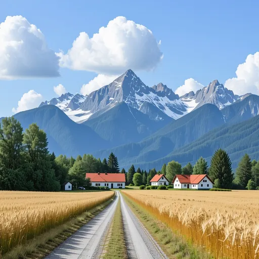 Prompt: A stunning landscape is featuring a serene rural scene. A dirt road winds its way through a golden wheat field, leading towards a cluster of charming white cottages with red roofs nestled among green trees. In the background, majestic, snow-capped mountains rise dramatically under a vibrant blue sky dotted with fluffy white clouds. The overall atmosphere is peaceful and picturesque, blending natural beauty with a touch of idyllic countryside living.