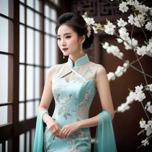 Prompt: the image projects a feeling of sophistication, elegance, and a blend of modern fashion and traditional Chinese artistic influence. The dress is exquisite and the model wears it beautifully.

