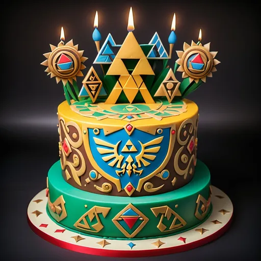 Prompt: The image features a birthday cake themed around Zelda, celebrating Nas's special day. The cake is decorated with intricate designs and elements inspired by the Zelda franchise. It's adorned with bright colors and various icing techniques, making it an eye-catching centerpiece for the celebration.
