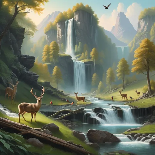 Prompt: a painting of a mountain stream with deer and birds in it and a waterfall in the background with a waterfall and a forest, Chris LaBrooy, naturalism, nature, a detailed matte painting