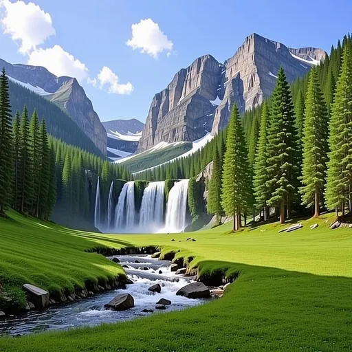 Prompt: This breathtaking summer landscape showcases a tranquil, mountainous valley bathed in warm sunlight. A majestic waterfall cascades down rugged cliffs into a crystal-clear stream, which winds its way through a lush green meadow. The meadow is vibrant and alive, bordered by tall, verdant pine trees swaying gently in the summer breeze. Towering jagged peaks with bare rock faces and rich green slopes frame the scene, contrasting beautifully with the bright blue sky and scattered fluffy clouds. The vibrant greenery and flowing water capture the essence of summertime in an untouched natural paradise.