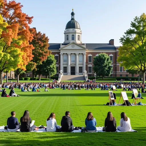 Prompt: This image depicts a lively outdoor scene at a university campus. The focus is on a large, well-maintained lawn in front of an impressive historic building with classical architecture, including a dome and ornate stonework. The lawn is filled with students engaged in various activities. Many are sitting in groups on blankets or mats, while others are working on easels or sketchpads, suggesting an art or creative workshop. Trees with vibrant autumn foliage surround the scene, adding warm colors to the setting.

In the background, modern buildings blend with older brick structures, reflecting a mix of traditional and contemporary architecture. The overall atmosphere is vibrant and communal, emphasizing creativity, learning, and collaboration in an open and inviting academic environment.