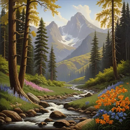 Prompt: a painting of a mountain stream and a forest with flowers and trees in the foreground, with a mountain range in the background, Brothers Hildebrandt, american scene painting, highly detailed oil painting, an oil on canvas painting