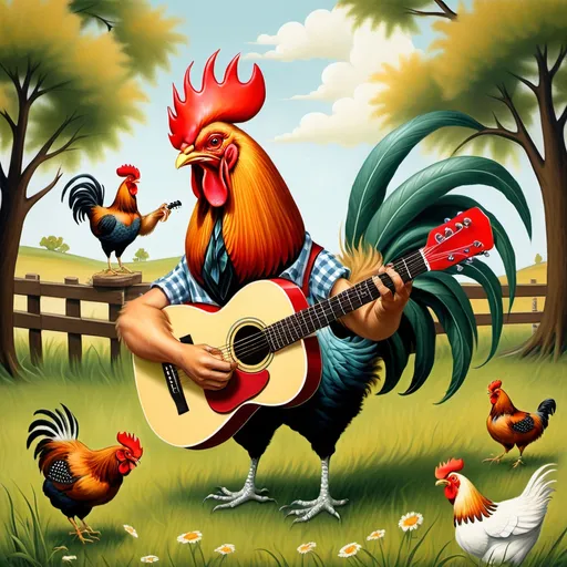 Prompt: The image features a rooster playing a guitar, showcasing an amusing and whimsical scene. This depiction highlights the charming combination of a gallinaceous bird engaging in an unusual activity. The setting appears to be outdoor grass, contributing to the playful atmosphere of the painting. Tags associated with this illustration include rooster, poultry, and various related terms that emphasize its avian qualities.