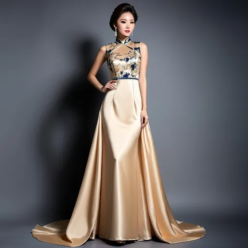 Prompt: the image projects a feeling of sophistication, elegance, and a blend of modern fashion and traditional Chinese artistic influence. The dress is exquisite and the model wears it beautifully.

The photo shows a woman in a long, elegant gown. Here's a description:

The Gown: The dress is a floor-length A-line gown, featuring a beige or champagne-colored satin top with long, wide sleeves that extend almost to the floor, creating a cape-like effect. The skirt of the dress is adorned with a vibrant, artistic print depicting a landscape of teal and blue mountains in a style reminiscent of traditional Chinese ink wash painting. There are also what appear to be stylized Chinese seals or stamps incorporated into the design. The skirt has a subtle ruffled or tiered detailing at the hem. The neckline is high and closed, in a style similar to a mandarin collar.

The Woman: The model is poised and elegant, her hair neatly pulled back. She wears delicate earrings. Her makeup is subtle and enhances her features.

The Setting: The background is a simple, solid dark red, which gives the gown and the model a striking contrast and prominence.

Overall, the image projects a feeling of sophistication, elegance, and a blend of modern fashion and traditional Chinese artistic influence. The dress is exquisite and the model wears it beautifully.