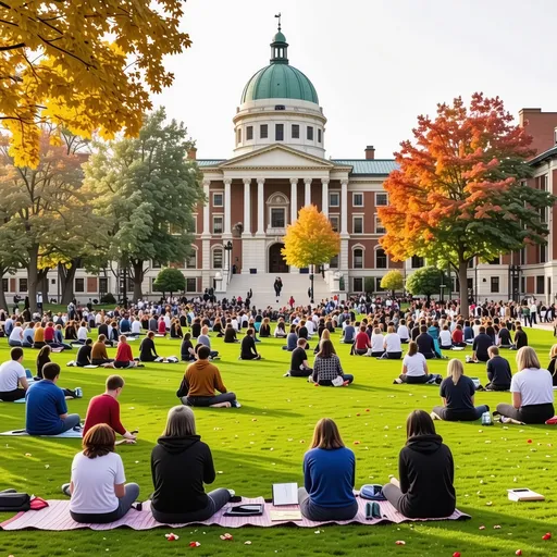 Prompt: This image depicts a lively outdoor scene at a university campus. The focus is on a large, well-maintained lawn in front of an impressive historic building with classical architecture, including a dome and ornate stonework. The lawn is filled with students engaged in various activities. Many are sitting in groups on blankets or mats, while others are working on easels or sketchpads, suggesting an art or creative workshop. Trees with vibrant autumn foliage surround the scene, adding warm colors to the setting.

In the background, modern buildings blend with older brick structures, reflecting a mix of traditional and contemporary architecture. The overall atmosphere is vibrant and communal, emphasizing creativity, learning, and collaboration in an open and inviting academic environment.