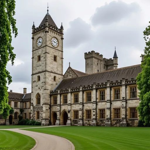 Prompt: The image depicts a large stone building featuring a clock tower, with a Castle visible in the background. The scene is set outdoors under a cloudy sky, showcasing elements of medieval architecture. Surrounding the building are grassy areas, enhancing its stately appearance as part of a university estate.

