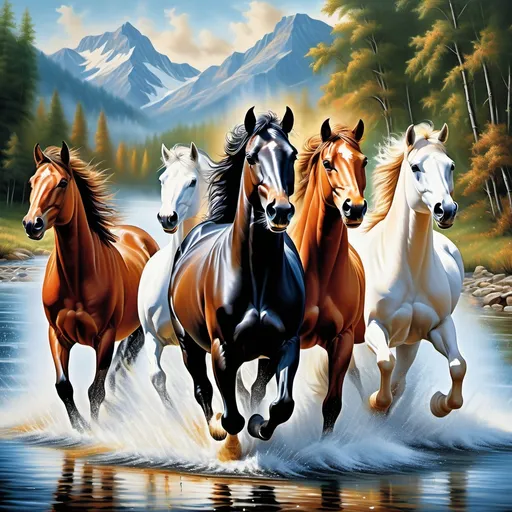 Prompt: This image portrays a lifelike diamond painting design with a dynamic and vibrant composition, showcasing the shimmering effect of real diamond painting. It features four horses—one black, two brown, and one white—galloping energetically through a shallow river, with splashes of water adding a sense of movement and energy. The background highlights a breathtaking natural landscape, complete with a cascading waterfall, towering pine trees, and majestic snow-capped mountains. The rich, vivid colours, from the lush greens of the forest to the golden autumn leaves and the deep blues of the sky and water, create a visually stunning and immersive piece of artwork.