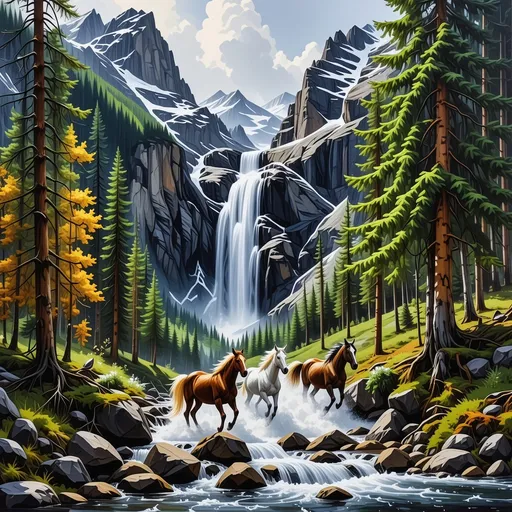 Prompt: 
A landscape scene features a waterfall cascading down a rocky cliff face, nestled within a mountainous terrain. 

The mountains are rendered with shades of brown and gray, suggesting rocky surfaces, with patches of snow visible on the higher peaks. Lush green forests and trees cover the slopes of the mountains. A variety of trees, including some with autumnal yellow foliage, are present in the foreground and mid-ground, adding depth and color to the scene.

Four horses are depicted running through a shallow river or stream that flows from the waterfall. The horses are various shades of brown and white, and appear in motion. The water in the stream is a light bluish-gray color with reflections of the surrounding scenery. Rocky outcroppings and stones are scattered around and within the stream.

The overall aesthetic suggests a serene and majestic mountain landscape, with a focus on the natural beauty of the waterfall and the horses that inhabit the area. The lighting suggests a sunny day, with soft light illuminating the scene. There's a light feathered bird in the top-middle portion of the scene.
