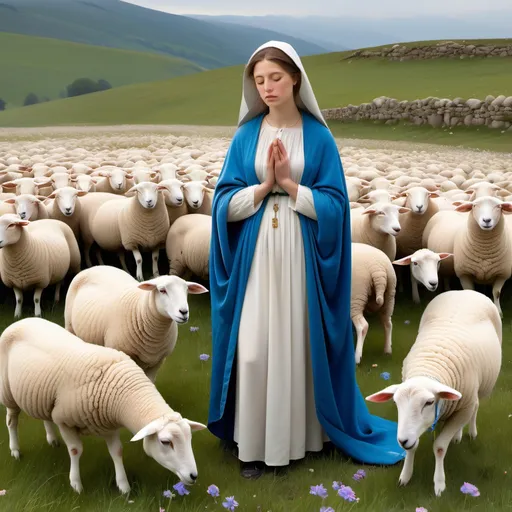 Prompt: This image portrays a serene and idyllic scene of a woman, likely symbolic of a religious or pastoral figure, standing among sheep in a vibrant, flower-filled meadow. She is dressed in a flowing white gown with a blue cloak draped over her shoulders, evoking a sense of purity and devotion. She holds a rosary in her clasped hands, suggesting she is in prayer or meditation.

The setting is bathed in warm, golden sunlight, with a picturesque sky filled with soft clouds and flying birds, enhancing the peaceful and divine atmosphere. The surrounding sheep add a pastoral element, symbolizing innocence and harmony with nature. The overall composition exudes tranquility, spirituality, and a connection to the natural world.