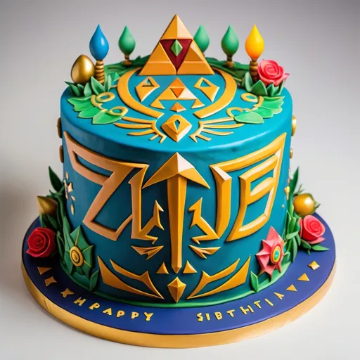 Prompt: The image features a birthday cake themed around Zelda, celebrating Nas's special day. The cake is decorated with intricate designs and elements inspired by the Zelda franchise. It's adorned with bright colors and various icing techniques, making it an eye-catching centerpiece for the celebration.
