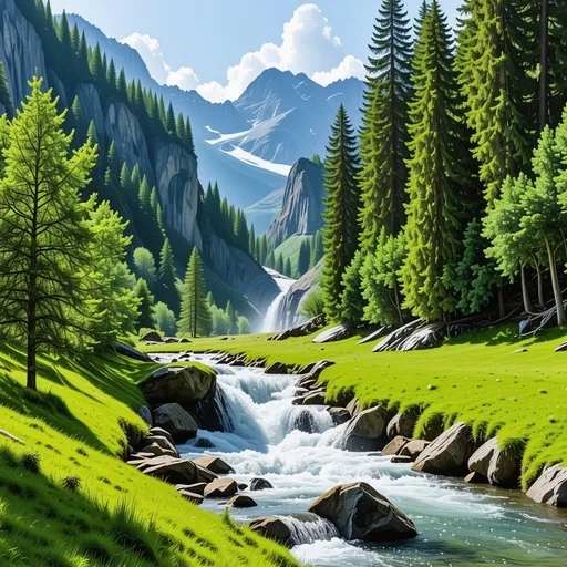 Prompt: This breathtaking summer landscape showcases a tranquil, mountainous valley bathed in warm sunlight. A majestic waterfall cascades down rugged cliffs into a crystal-clear stream, which winds its way through a lush green meadow. The meadow is vibrant and alive, bordered by tall, verdant pine trees swaying gently in the summer breeze. Towering jagged peaks with bare rock faces and rich green slopes frame the scene, contrasting beautifully with the bright blue sky and scattered fluffy clouds. The vibrant greenery and flowing water capture the essence of summertime in an untouched natural paradise.