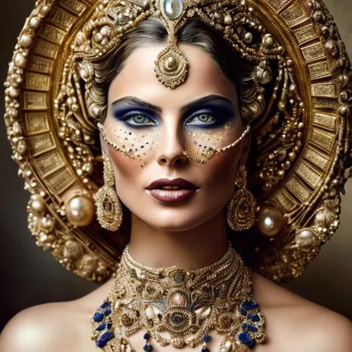 Prompt: 
A complete depiction of a woman
 embellished with Art Deco glimmers and intricate details, encapsulating the essence of a photograph styled in the manner of Tim Walker and Rebeca Saray. The facial features are meticulously rendered, with piercing eyes and a gentle texture that mirrors soft skin. The composition follows the analog photography style for a clear and high-quality appearance, employing key lighting to accentuate precision and focus. The outcome is a delightful and intricately detailed image that combines the aesthetics of sharp focus, analog photography, and key lighting.