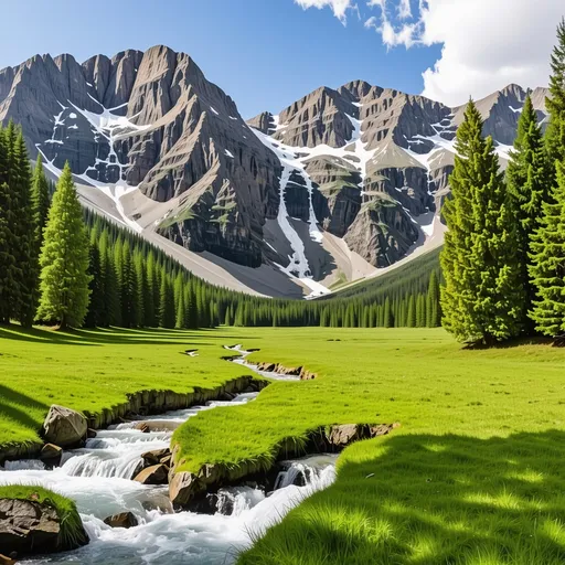 Prompt: This breathtaking landscape showcases a tranquil, mountainous valley dominated by a majestic waterfall cascading down rugged cliffs into a crystal-clear stream. The stream winds its way through a lush green meadow, bordered by tall, verdant pine trees. Towering jagged peaks, some with patches of snow, frame the scene, adding a dramatic backdrop against the bright blue sky with scattered clouds. The setting exudes a sense of untouched natural beauty, offering a harmonious blend of water, greenery, and towering rock formations.