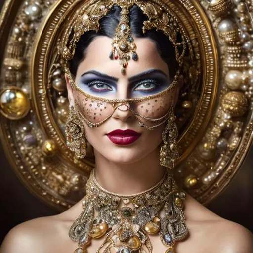 Prompt: 
A complete depiction of a person embellished with Art Deco glimmers and intricate details, encapsulating the essence of a photograph styled in the manner of Tim Walker and Rebeca Saray. The facial features are meticulously rendered, with piercing eyes and a gentle texture that mirrors soft skin. The composition follows the analog photography style for a clear and high-quality appearance, employing key lighting to accentuate precision and focus. The outcome is a delightful and intricately detailed image that combines the aesthetics of sharp focus, analog photography, and key lighting.