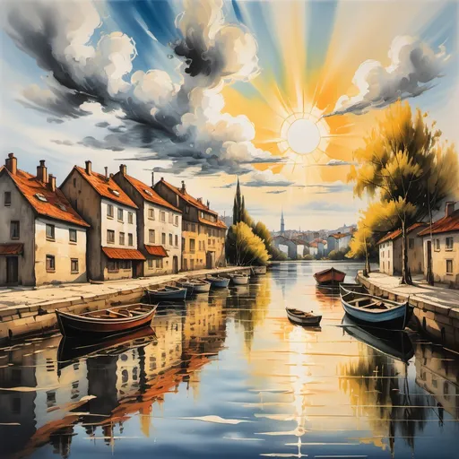 Prompt: a painting of a river with boats and houses on it and a sky background with clouds and sun shining, modern european ink painting, impressionist painting, an ultrafine detailed painting