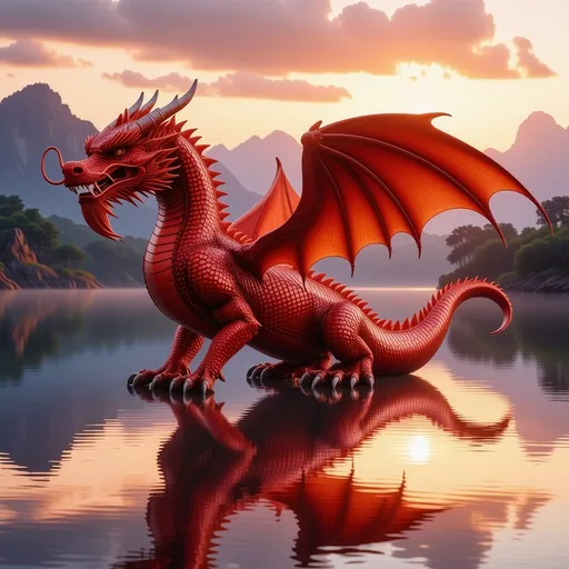 Prompt: This image features a majestic, vibrant red dragon with intricately detailed scales, wings, and horns. The dragon is perched beside a calm body of water, where its reflection is beautifully mirrored, enhancing the mystical atmosphere. The sunset in the background bathes the scene in warm hues of orange, pink, and purple, creating a stunning contrast with the dragon’s vivid color. The overall composition feels magical and serene, blending the mythical creature with a tranquil natural setting.