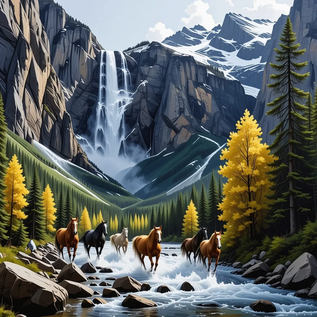 Prompt: 
A landscape scene features a waterfall cascading down a rocky cliff face, nestled within a mountainous terrain. 

The mountains are rendered with shades of brown and gray, suggesting rocky surfaces, with patches of snow visible on the higher peaks. Lush green forests and trees cover the slopes of the mountains. A variety of trees, including some with autumnal yellow foliage, are present in the foreground and mid-ground, adding depth and color to the scene.

Four horses are depicted running through a shallow river or stream that flows from the waterfall. The horses are various shades of brown and white, and appear in motion. The water in the stream is a light bluish-gray color with reflections of the surrounding scenery. Rocky outcroppings and stones are scattered around and within the stream.

The overall aesthetic suggests a serene and majestic mountain landscape, with a focus on the natural beauty of the waterfall and the horses that inhabit the area. The lighting suggests a sunny day, with soft light illuminating the scene. There's a light feathered bird in the top-middle portion of the scene.
