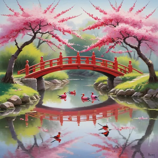 Prompt: The a scene  of 10
 birds and fishes in the water 
shows a tranquil pond reflecting a vibrant red arched bridge.  Two blossoming cherry trees, their branches laden with pink flowers, frame the scene, their reflection partially visible in the still water.  The banks of the pond are lush with colorful flowers and greenery, including various shades of pink, red, yellow, and purple blooms.  A small, traditional stone lantern sits beside the path that leads to the bridge.  Water lilies with pink and white blossoms float serenely on the pond's surface, adding to the peaceful atmosphere. The overall style is impressionistic, with soft brushstrokes and a focus on capturing the light and color of the scene. The background includes more trees and foliage creating a sense of depth. The sky is a soft, light blue, suggesting a calm, sunny day.
