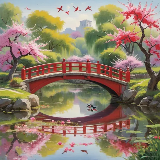 Prompt: The a scene  of many birds and fishes in the water 
shows a tranquil pond reflecting a vibrant red arched bridge.  Two blossoming cherry trees, their branches laden with pink flowers, frame the scene, their reflection partially visible in the still water.  The banks of the pond are lush with colorful flowers and greenery, including various shades of pink, red, yellow, and purple blooms.  A small, traditional stone lantern sits beside the path that leads to the bridge.  Water lilies with pink and white blossoms float serenely on the pond's surface, adding to the peaceful atmosphere. The overall style is impressionistic, with soft brushstrokes and a focus on capturing the light and color of the scene. The background includes more trees and foliage creating a sense of depth. The sky is a soft, light blue, suggesting a calm, sunny day.
