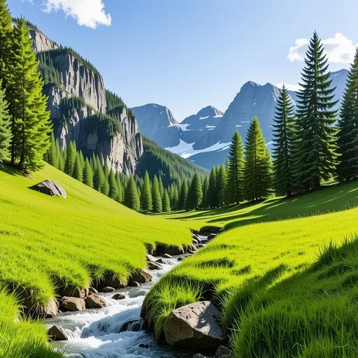 Prompt: This breathtaking summer landscape showcases a tranquil mountainous valley bathed in warm sunlight, with the entire range, including its peaks, slopes, and sides, completely free of snow. A majestic waterfall cascades down rugged cliffs, feeding a crystal-clear stream that winds gracefully through a lush, vibrant meadow. The meadow bursts with greenery, bordered by tall, verdant pine trees swaying gently in the summer breeze. Towering peaks with exposed rock faces and lush green slopes frame the scene, beautifully contrasting with the bright blue sky adorned with fluffy white clouds. The vibrant foliage and flowing water capture the essence of summertime in a pristine natural paradise.
