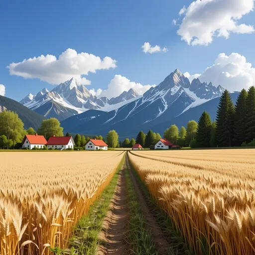 Prompt: A stunning landscape is featuring a serene rural scene. A dirt road winds its way through a golden wheat field, leading towards a cluster of charming white cottages with red roofs nestled among green trees. In the background, majestic, snow-capped mountains rise dramatically under a vibrant blue sky dotted with fluffy white clouds. The overall atmosphere is peaceful and picturesque, blending natural beauty with a touch of idyllic countryside living.