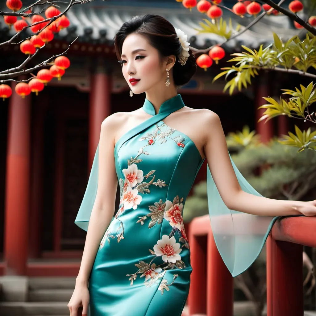 Prompt: the image projects a feeling of sophistication, elegance, and a blend of modern fashion and traditional Chinese artistic influence. The dress is exquisite and the model wears it beautifully.

