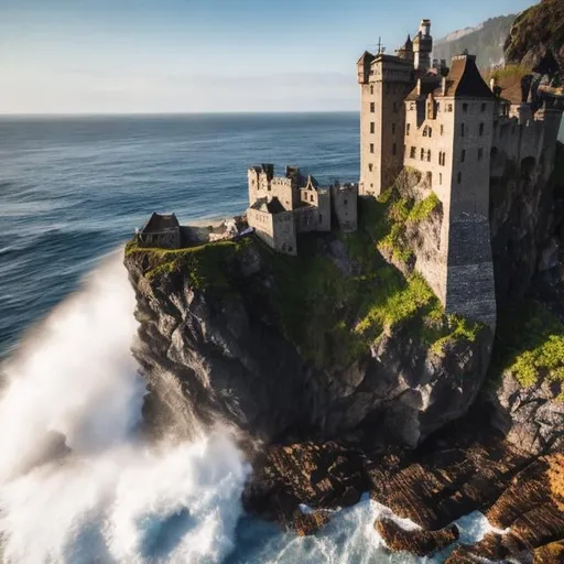 Prompt: An old, majestic castle stands perilously on a craggy cliff, waves pounding high relentlessly and foamily on the steep, weathered rocks below.