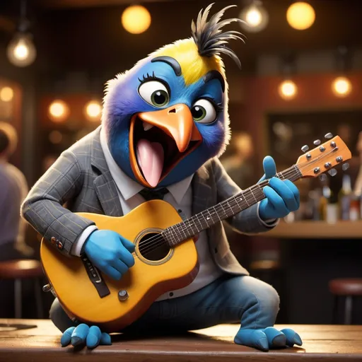 Prompt: Picture this quirky and hilarious scene: A "roaster," bird with a cheeky grin plastered on their face, is holding a guitar, rocking out like a true performer. They're in a lively setting, maybe a small bar or a fun stage, with a crowd that’s already buzzing with excitement. The moment they strum the first chord, their fingers move expertly across the fretboard, playing a funky, upbeat riff.

But here’s the twist: As they play, they’re not just standing still or playing with typical rock-star swagger. No, they’re fully committing to the chicken dance. Their body begins to wiggle and flap like a chicken, their elbows moving up and down as they mimic the iconic dance steps. Picture their knees bending, feet tapping, and their whole body squawking along with the rhythm.

Between strumming riffs, they throw in some witty one-liners, roasting the crowd while continuing the ridiculous chicken dance. The crowd can’t help but laugh, caught between enjoying the music and being amused by the absurdity of the performance. The roaster’s face lights up with mischief as they keep pulling off flawless guitar solos while keeping the chicken dance moves on point.

It’s a chaotic yet charismatic mix of skilled musicianship and hilarious, unexpected dancing, making everyone in the room double over in laughter while still appreciating the sheer talent and humor of the performance.