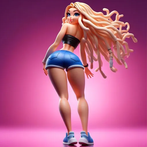 Prompt: <mymodel>Cartoon figure of a striking blonde with blue eyes, full body view from behind, legs apart, mini yoga shorts, gorgeous pose, vibrant colors, high quality, cartoon style, dynamic pose, detailed features, from below angle, lively expression, professional, vibrant lighting, voluptuos, wide hip, thigh-gap, full-figured, gotta donk