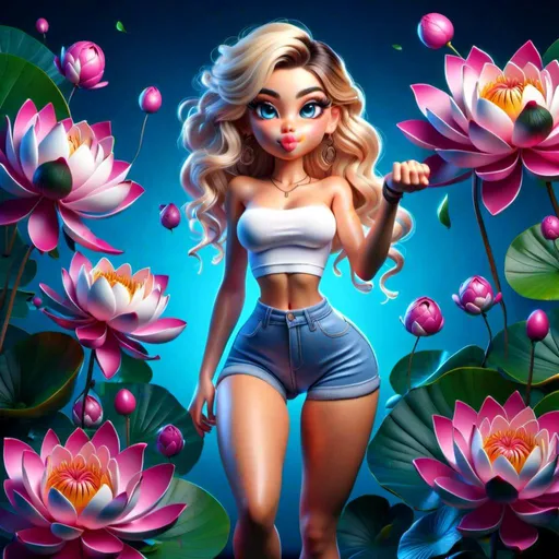 Prompt: <mymodel>Cartoon illustration of a striking blonde with blue eyes, full body view from behind, legs apart, mini yoga shorts, gorgeous pose, vibrant colors, high quality, cartoon style, dynamic pose, detailed features, from below angle, lively expression, professional, vibrant lighting, voluptuos