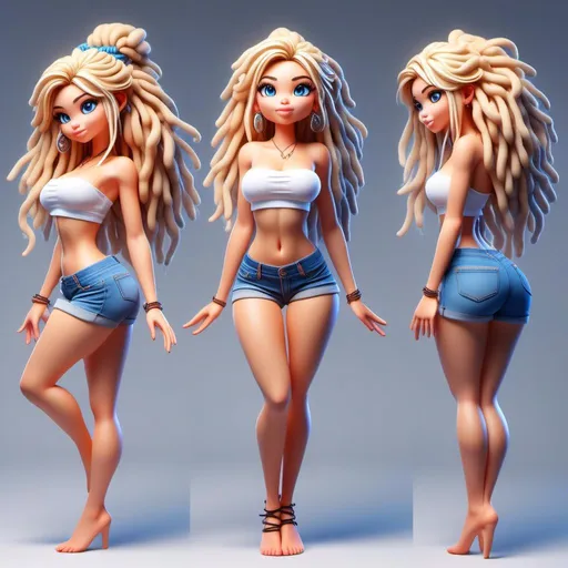 Prompt: <mymodel>Cartoon figure of a striking blonde with blue eyes, full body view from behind, legs apart, mini yoga shorts, gorgeous pose, vibrant colors, high quality, cartoon style, dynamic pose, detailed features, from below angle, lively expression, professional, vibrant lighting, voluptuos, wide hip, thigh-gap, full-figured, gotta donk