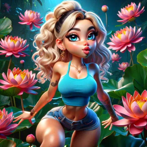 Prompt: <mymodel>Cartoon illustration of a striking blonde with blue eyes, full body view from behind, legs apart, mini yoga shorts, gorgeous pose, vibrant colors, high quality, cartoon style, dynamic pose, detailed features, from below angle, lively expression, professional, vibrant lighting, voluptuos, wide hip, thigh-gap, full-figured, gotta donk