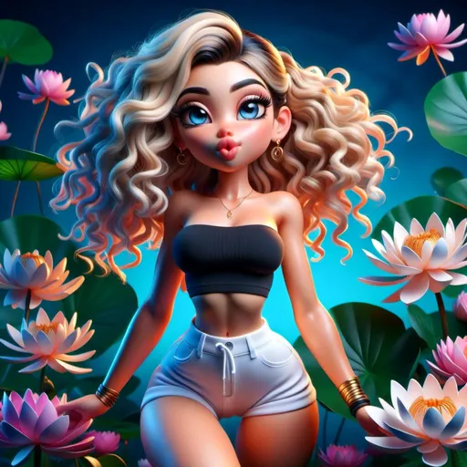 Prompt: <mymodel>Cartoon illustration of a striking blonde with blue eyes, full body view from behind, legs apart, mini yoga shorts, gorgeous pose, vibrant colors, high quality, cartoon style, dynamic pose, detailed features, from below angle, lively expression, professional, vibrant lighting