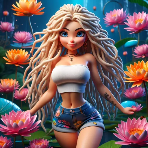 Prompt: <mymodel>Cartoon figure of a striking blonde with blue eyes, full body view from behind, legs apart, mini yoga shorts, gorgeous pose, vibrant colors, high quality, cartoon style, dynamic pose, detailed features, from below angle, lively expression, professional, vibrant lighting, voluptuos, wide hip, thigh-gap, full-figured, gotta donk