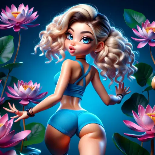 Prompt: <mymodel>Cartoon illustration of a striking blonde with blue eyes, full body view from behind, legs apart, mini yoga shorts, gorgeous pose, vibrant colors, high quality, cartoon style, dynamic pose, detailed features, from below angle, lively expression, professional, vibrant lighting