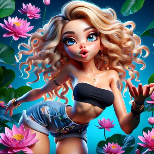 Prompt: <mymodel>Cartoon illustration of a striking blonde with blue eyes, full body view from behind, legs apart, mini yoga shorts, gorgeous pose, vibrant colors, high quality, cartoon style, dynamic pose, detailed features, from below angle, lively expression, professional, vibrant lighting