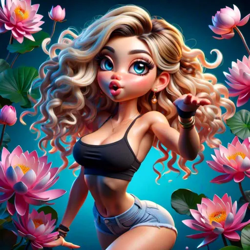 Prompt: <mymodel>Cartoon illustration of a striking blonde with blue eyes, full body view from behind, legs apart, mini yoga shorts, gorgeous pose, vibrant colors, high quality, cartoon style, dynamic pose, detailed features, from below angle, lively expression, professional, vibrant lighting, voluptuos, widehips, thighgap,