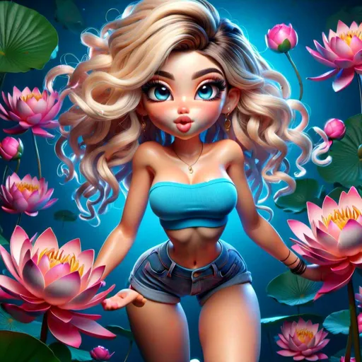 Prompt: <mymodel>Cartoon illustration of a striking blonde with blue eyes, full body view from behind, legs apart, mini yoga shorts, gorgeous pose, vibrant colors, high quality, cartoon style, dynamic pose, detailed features, from below angle, lively expression, professional, vibrant lighting, voluptuos